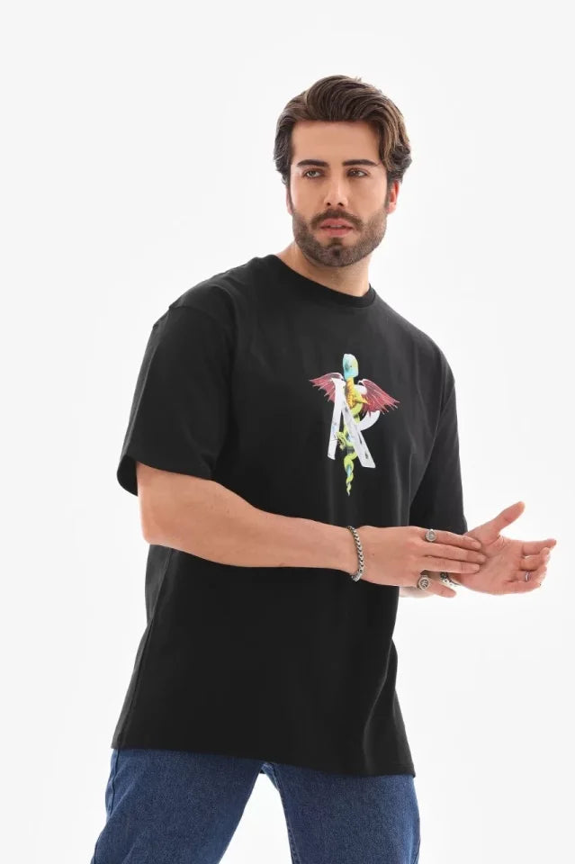 Unisex Crew Neck Printed Oversize T-Shirt - Black