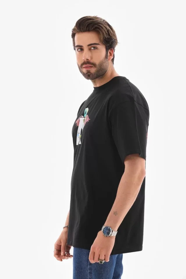 Unisex Crew Neck Printed Oversize T-Shirt - Black