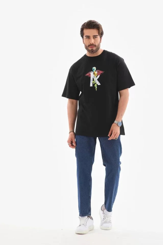 Unisex Crew Neck Printed Oversize T-Shirt - Black
