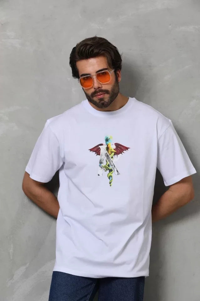 Unisex Crew Neck Printed Oversize T-Shirt - White