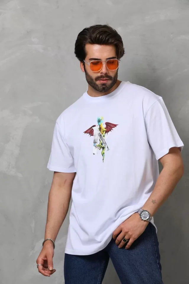 Unisex Crew Neck Printed Oversize T-Shirt - White
