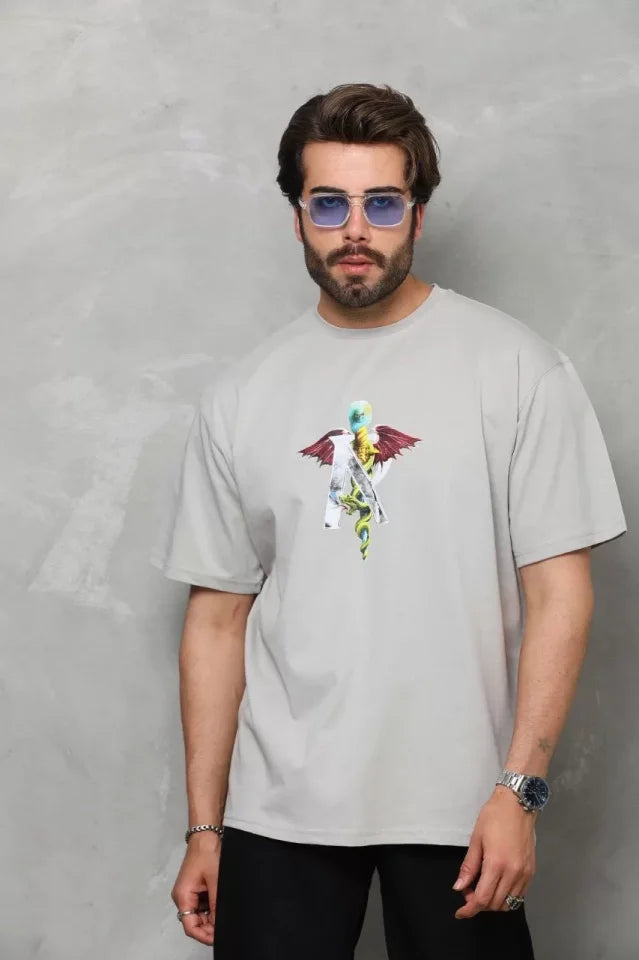 Unisex Crew Neck Printed Oversize T-Shirt - Gray
