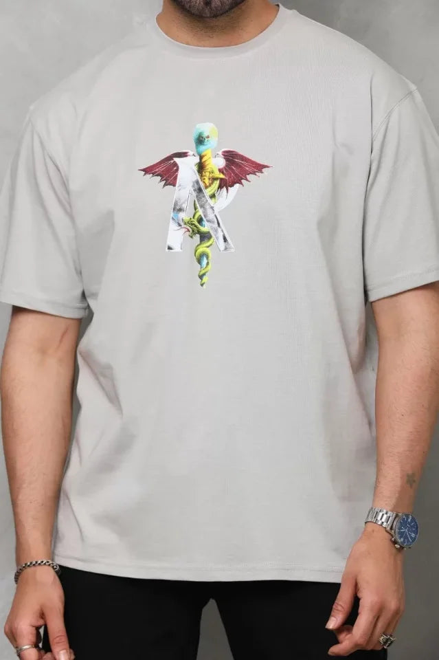 Unisex Crew Neck Printed Oversize T-Shirt - Gray