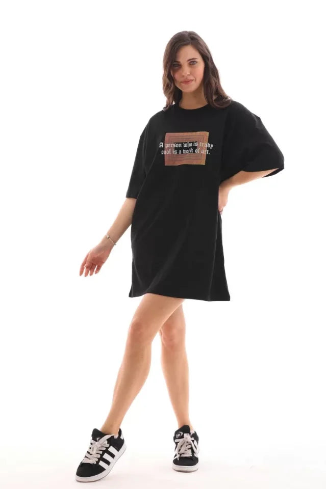 Unisex Crew Neck Printed Oversize T-Shirt - Black