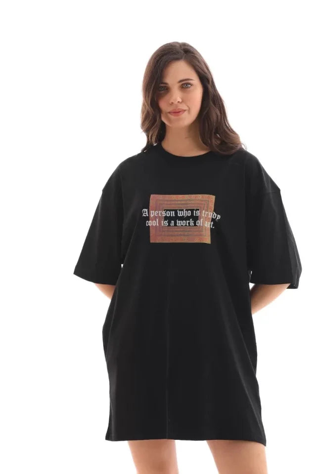 Unisex Crew Neck Printed Oversize T-Shirt - Black