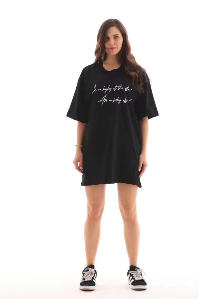 Unisex Crew Neck Printed Oversize T-Shirt - Black