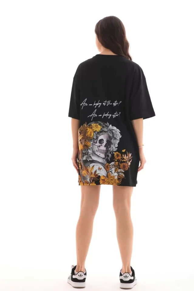 Unisex Crew Neck Printed Oversize T-Shirt - Black