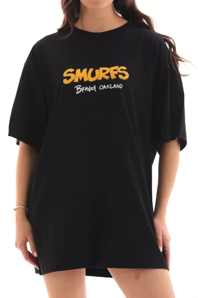 Unisex Crew Neck Printed Oversize T-Shirt - Black