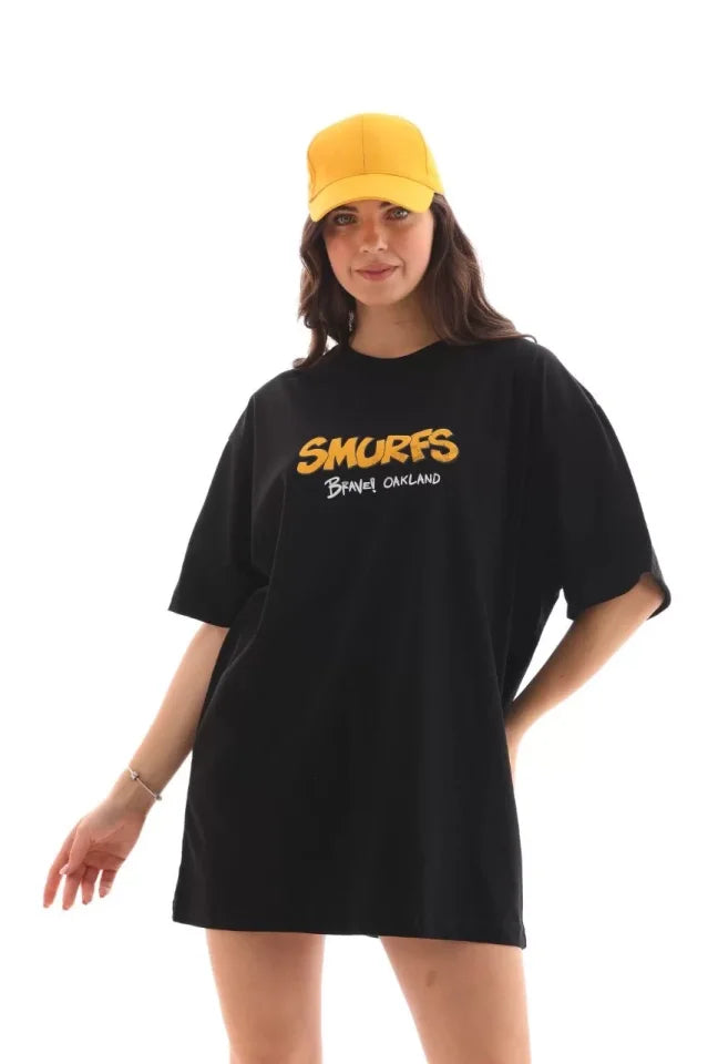 Unisex Crew Neck Printed Oversize T-Shirt - Black