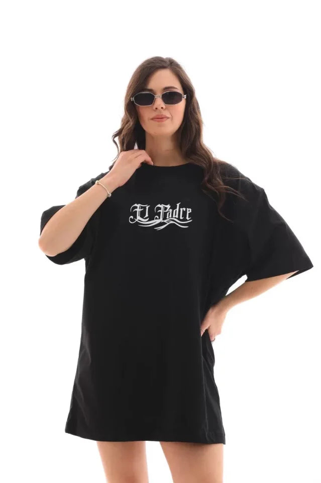 Unisex Crew Neck Printed Oversize T-Shirt - Black