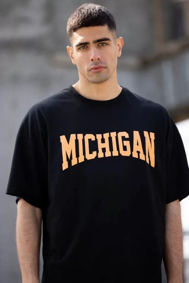 Unisex Crew Neck Printed Oversize T-Shirt - Black