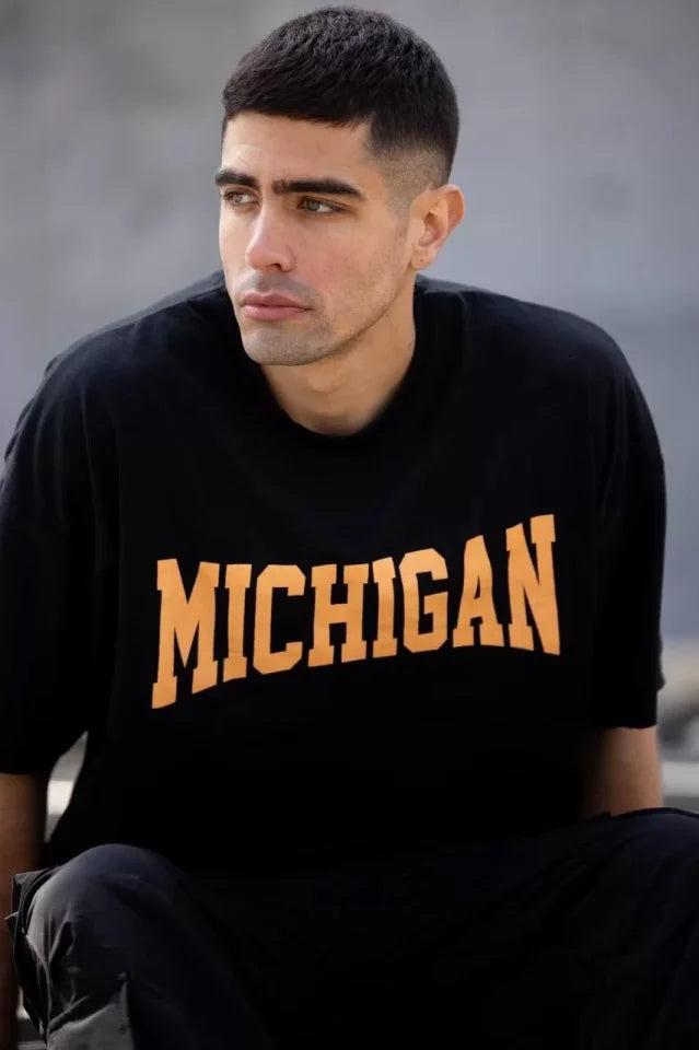 Unisex Crew Neck Printed Oversize T-Shirt - Black