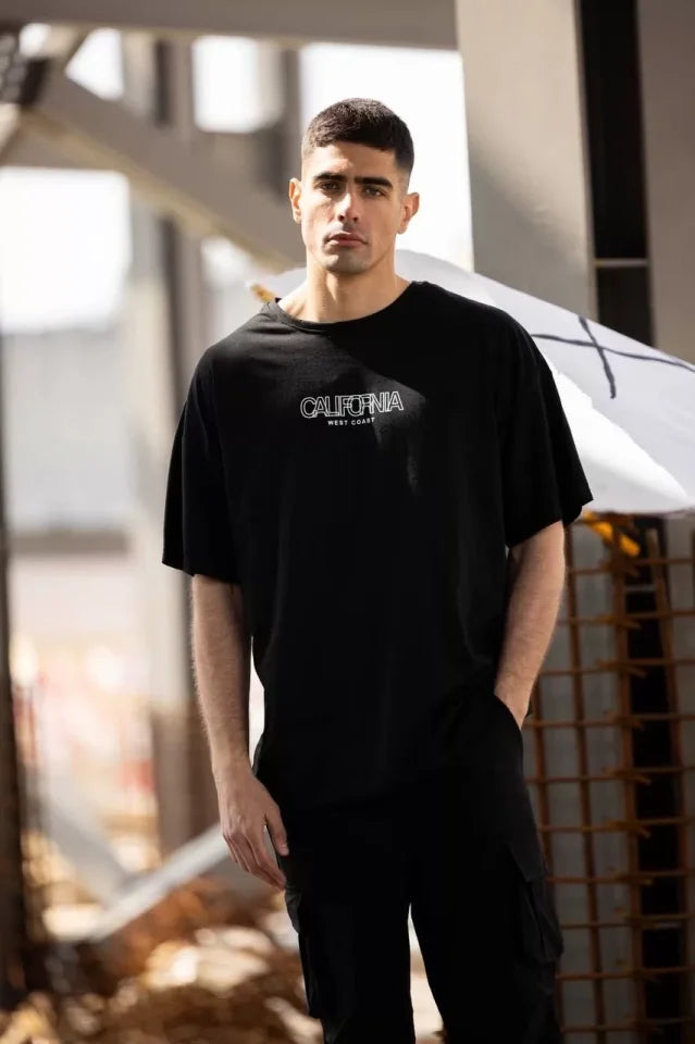 Unisex Crew Neck Printed Oversize T-Shirt - Black