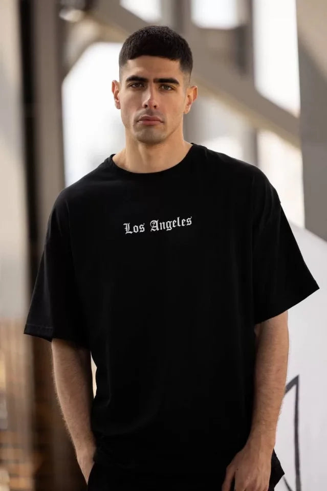 Unisex Crew Neck Printed Oversize T-Shirt - Black