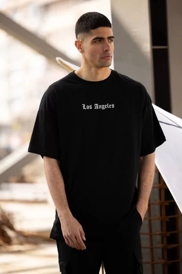 Unisex Crew Neck Printed Oversize T-Shirt - Black