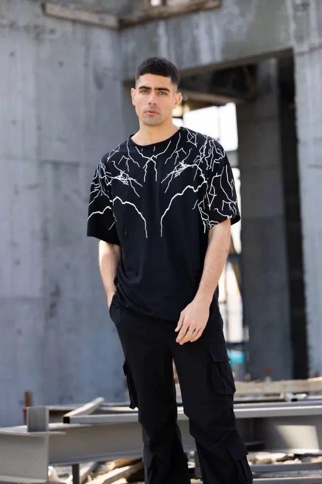 Unisex Crew Neck Printed Oversize T-Shirt - Black