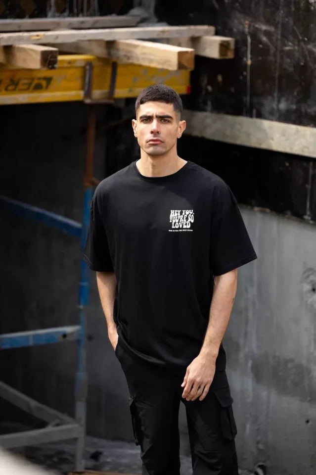 Unisex Crew Neck Printed Oversize T-Shirt - Black