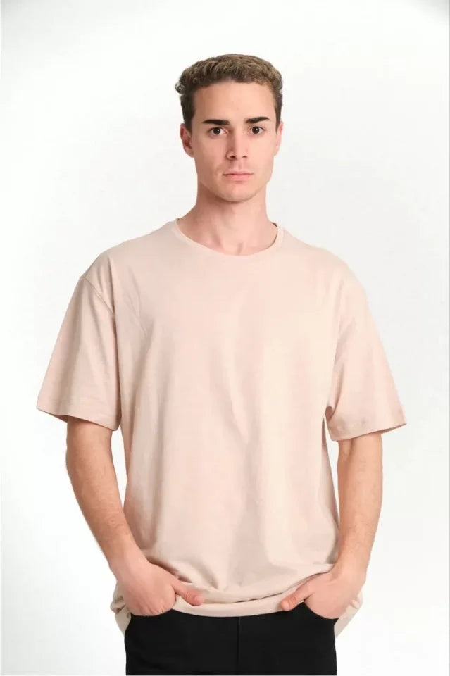 Unisex Plain Crew Neck Oversize T-shirt - Beige