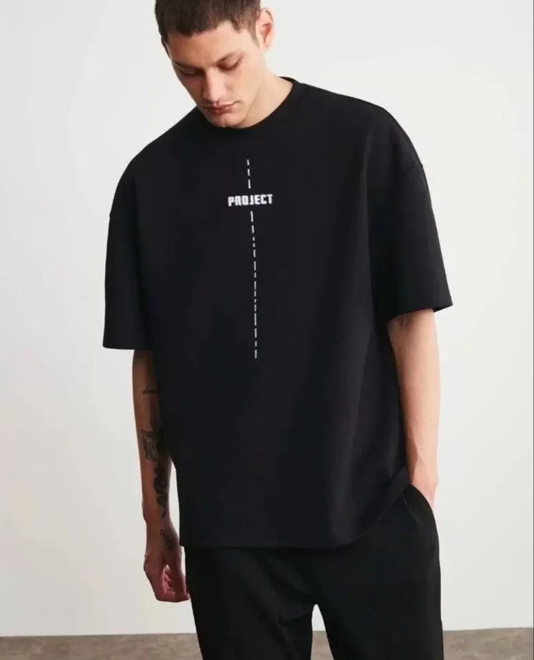 Unisex Crew Neck Printed Oversize T-Shirt - Black