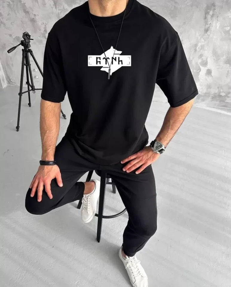 Unisex Crew Neck Printed Double Oversized T-Shirt - Black