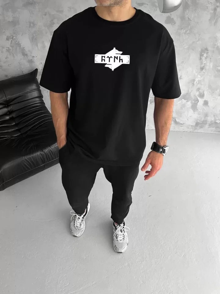 Unisex Crew Neck Printed Double Oversized T-Shirt - Black