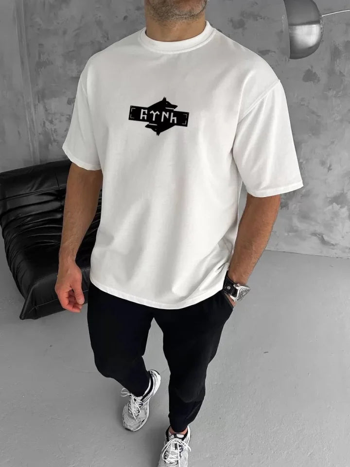 Unisex Crew Neck Printed Double Oversized T-Shirt - White