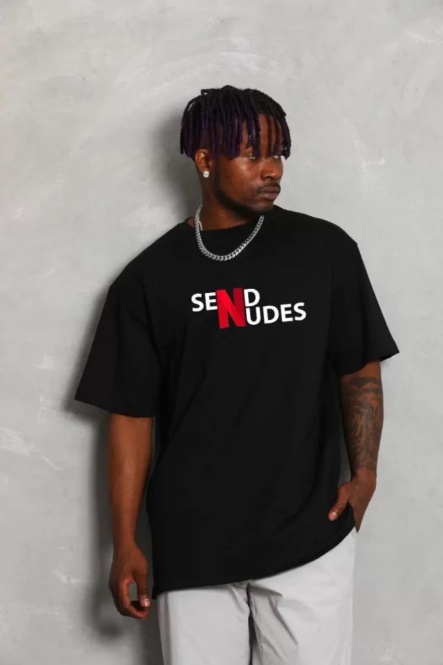 Unisex Crew Neck Double Oversized Printed T-Shirt - Black
