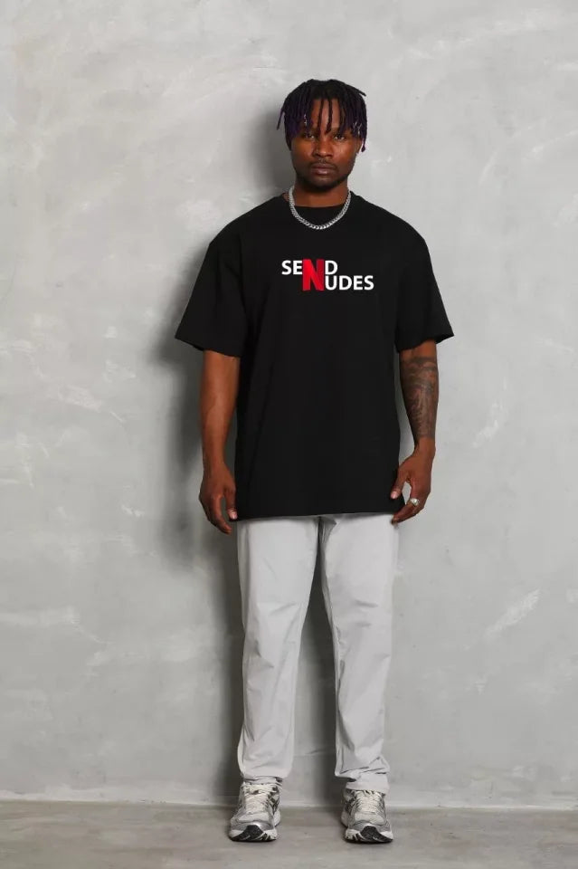 Unisex Crew Neck Double Oversized Printed T-Shirt - Black