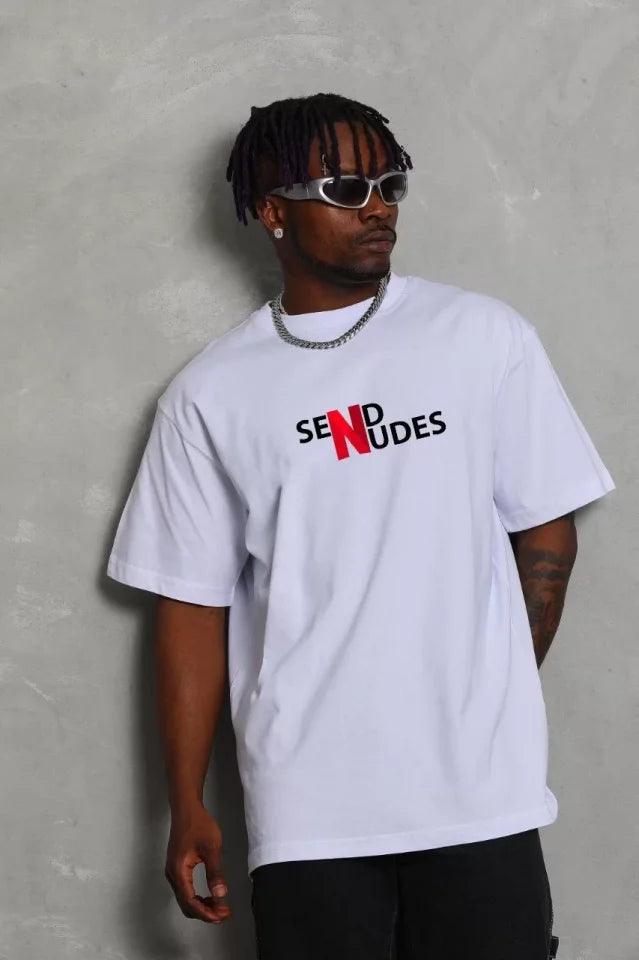 Unisex Crew Neck Double Oversized Printed T-Shirt - White
