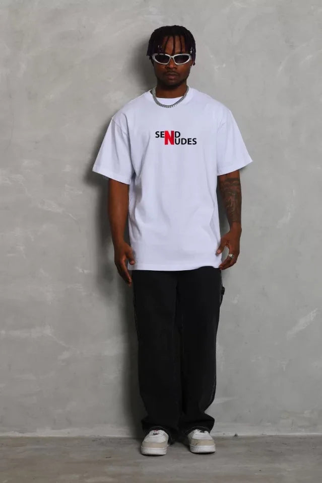 Unisex Crew Neck Double Oversized Printed T-Shirt - White