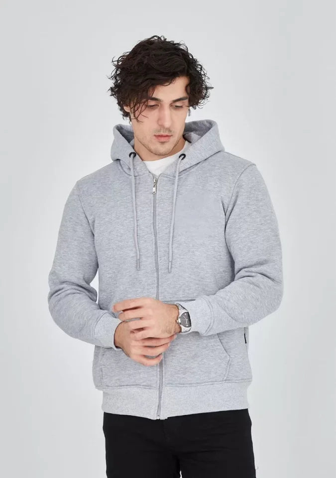 Unisex Tam Fermuarlı Kapşonlu SweatShirt - Gri