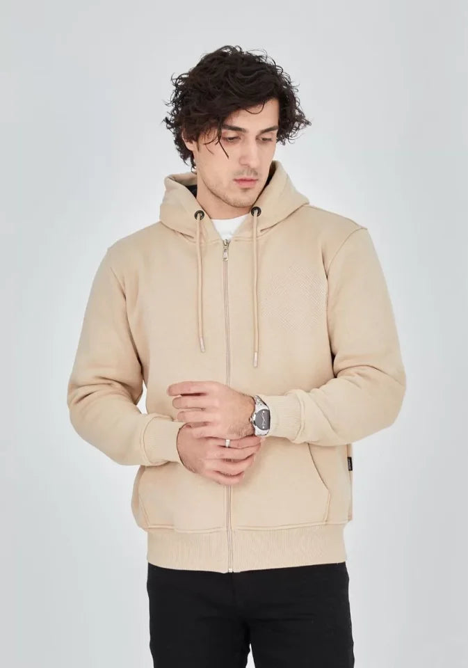 Unisex Tam Fermuarlı Kapşonlu SweatShirt - Bej