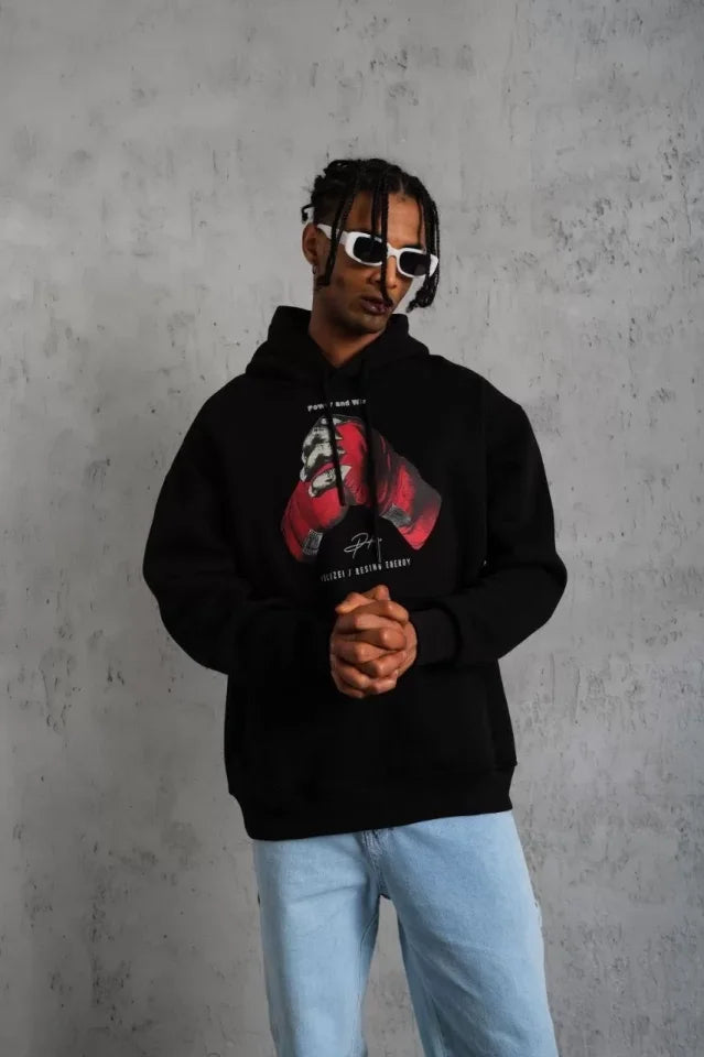 Men's Gloves Printed Hoodie Sweatshirt - Black