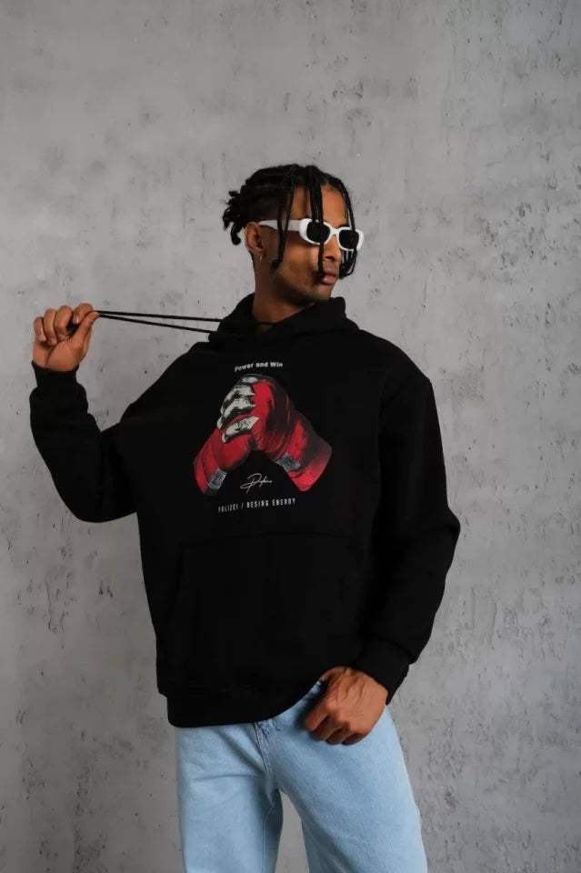Men's Gloves Printed Hoodie Sweatshirt - Black