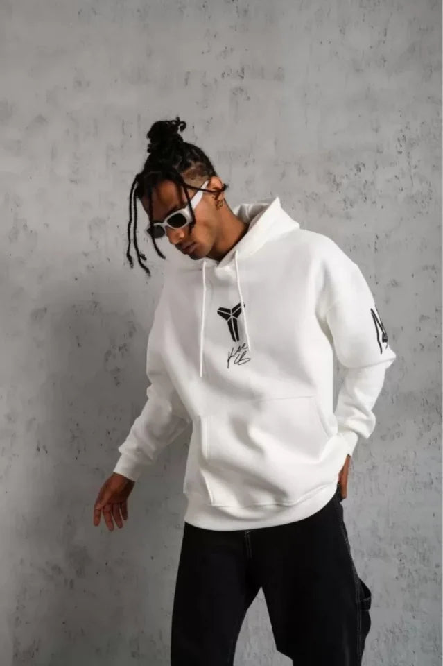 Unisex Back Printed Hooded Three-Thread Oversize Sweatshirt - White