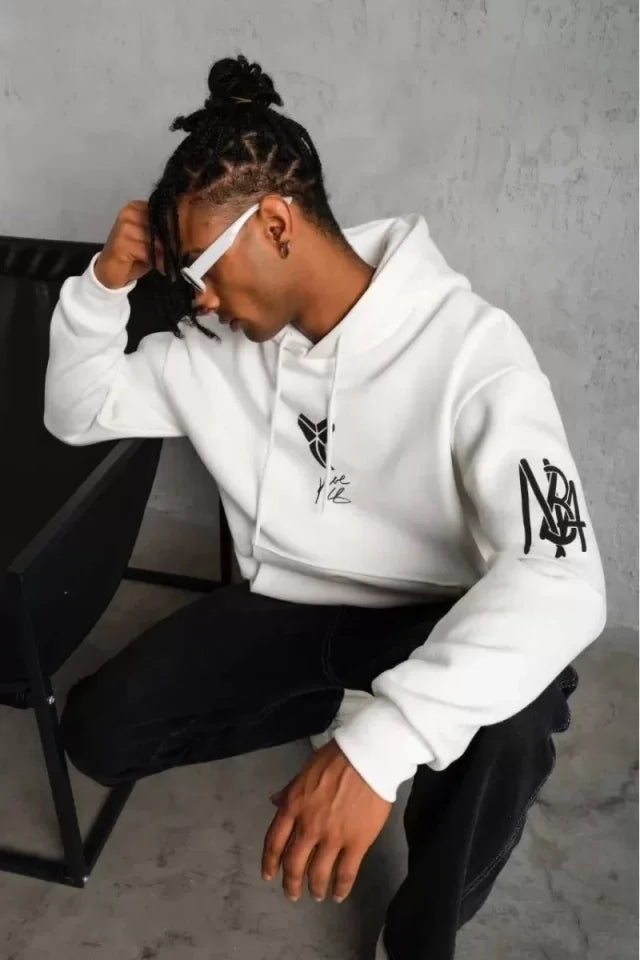 Unisex Back Printed Hooded Three-Thread Oversize Sweatshirt - White