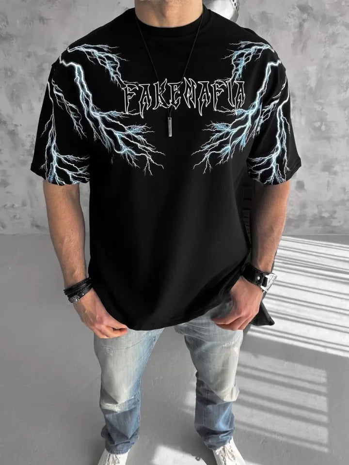 Unisex Crew Neck Printed Oversize T-Shirt - Black