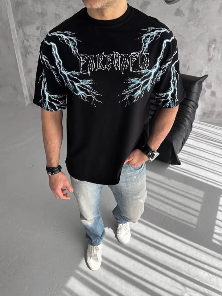Unisex Crew Neck Printed Oversize T-Shirt - Black