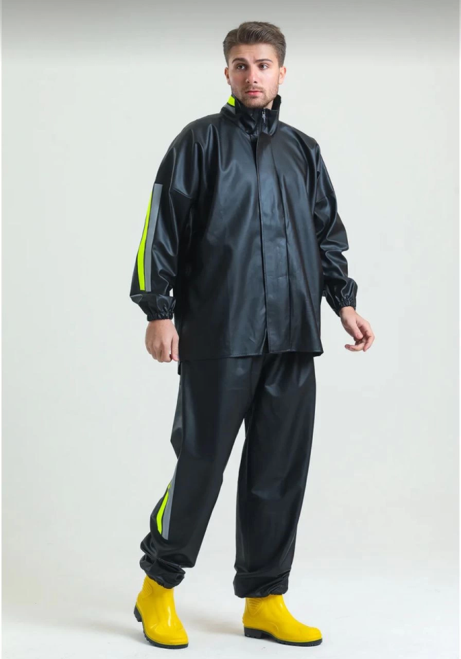 Unisex Full Fit Motorcyclist Courier Waterproof Raincoat Set - Black