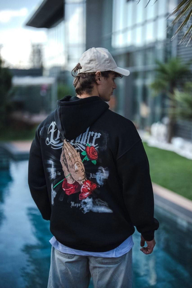 Three-Thread Jersey Hooded Printed Sweatshirt - Black