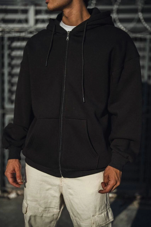 Oversize Full Zip Long Sleeve Cardigan - Black
