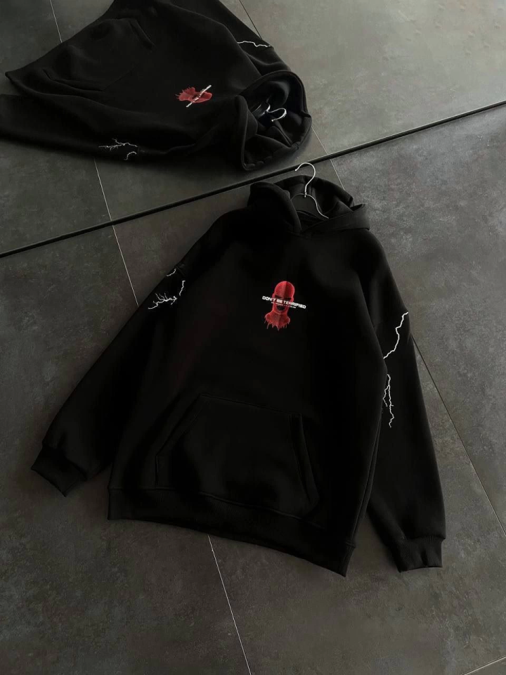 Triple Thread Hooded Printed Oversize Sweatshirt - Black