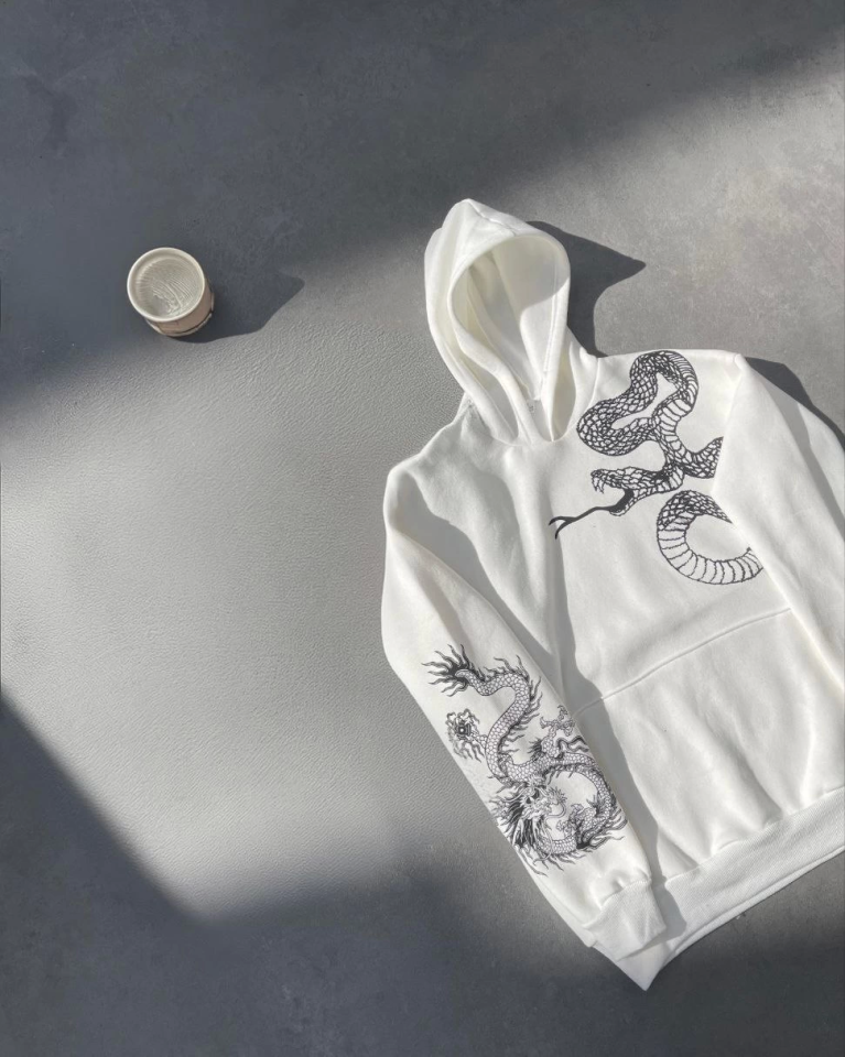 Uzun Kol Kapüşonlu Baskılı SweatShirt - Beyaz
