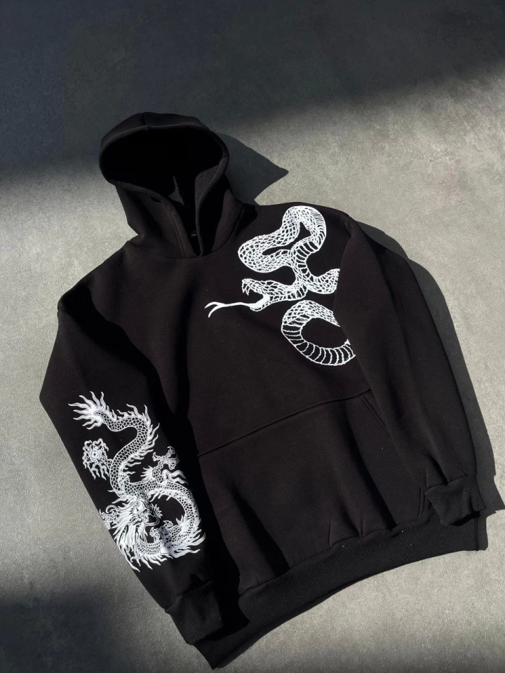 Long Sleeve Hooded Printed Sweatshirt - Black