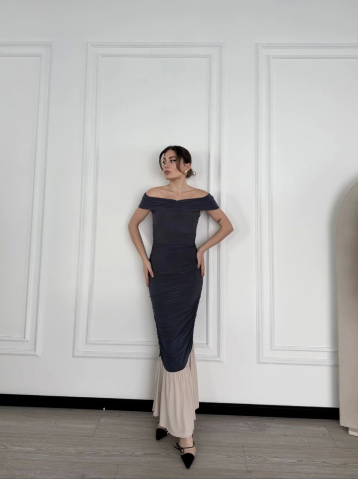 Striptease Shoulder Long Dress - Smoke Gray