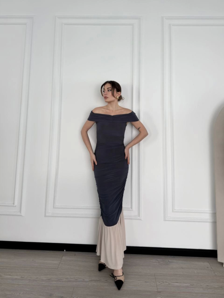 Striptease Shoulder Long Dress - Smoke Gray