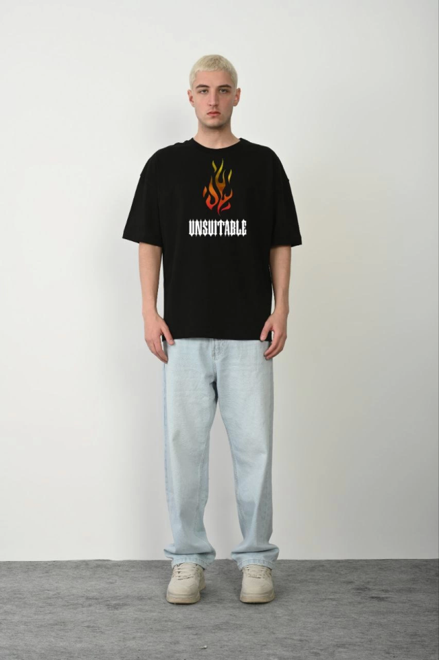Unisex Crew Neck Printed Oversize T-Shirt - Black