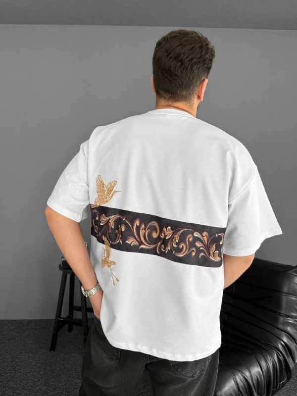 Front and Back Printed Oversize Crew Neck T-shirt - White