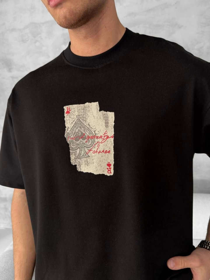 Front and Back Printed Oversize Crew Neck T-shirt - Black