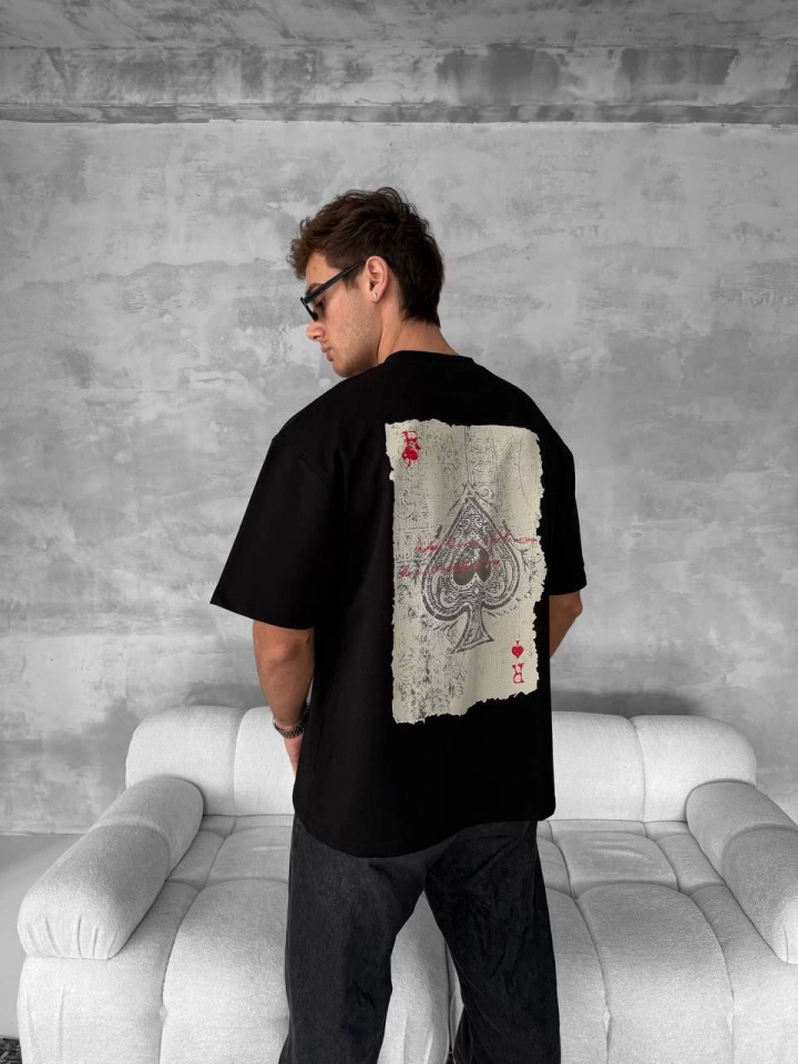 Front and Back Printed Oversize Crew Neck T-shirt - Black